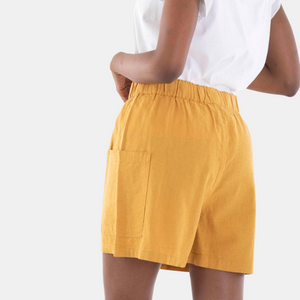 Ladies Elastic Waistband Wide Pocket Linen Shorts 45 Narcissus Yellow