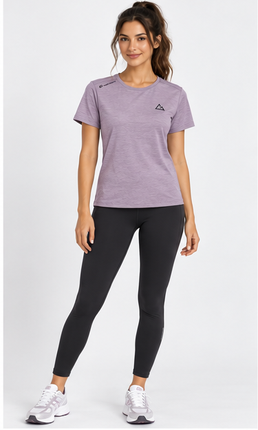 G-Motion Ladies T-shirt Dusk Purple on model, three-quarter view