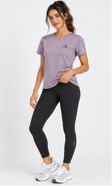 G-Motion Ladies T-shirt Dusk Purple on model, three-quarter view