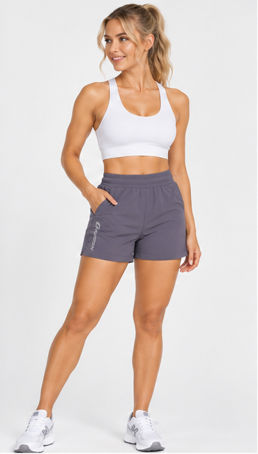 G-Motion Lightweight Ladies Shorts Signature Grey on blonde model, three-quarter view