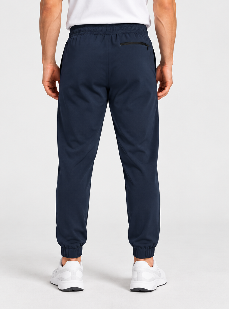 AI-generated model front view of G-Motion 3M Scotchgard breathable jogger pants, Signature Navy