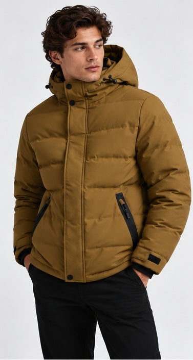 Olive Wood puffer down jacket on model, front three-quarter view