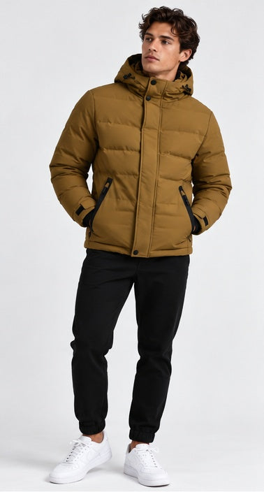 Olive Wood puffer down jacket on model, front three-quarter view