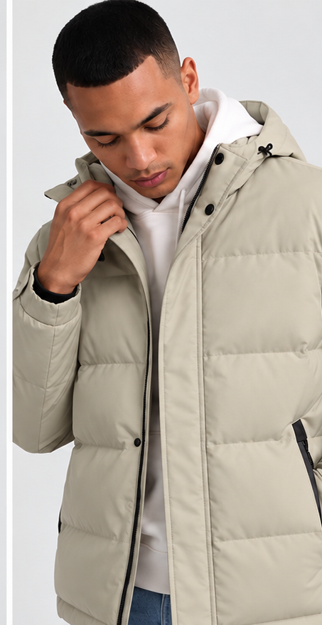 White Rock 80-20 Puffer Down Jacket on male model, front view with chest zipper removed