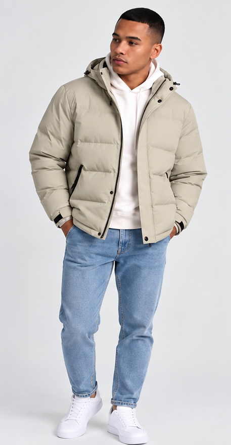 White Rock 80-20 Puffer Down Jacket on male model, front view with chest zipper removed