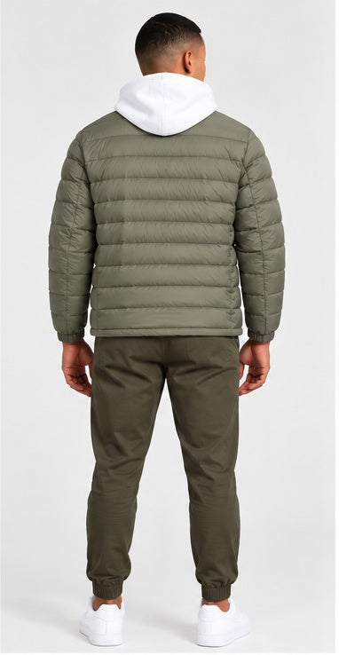 Four Leaf Clover Green down jacket with white hoodie — front view
