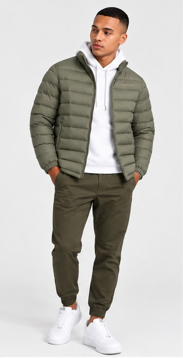 Four Leaf Clover Green down jacket with white hoodie — front view