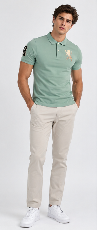 Green Bay sage polo on model, full front view