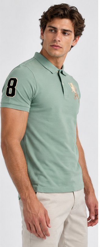 Green Bay sage polo on model, full front view