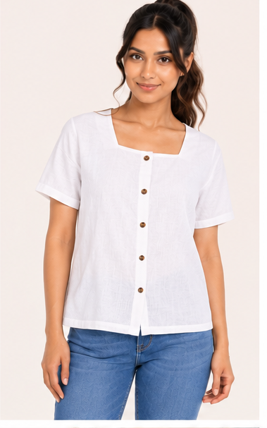Front view of South Asian model wearing the snow white square-neck button-front linen top; full top visible