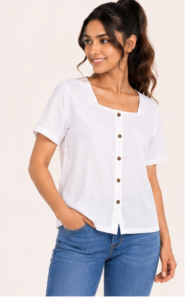 Front view of South Asian model wearing the snow white square-neck button-front linen top; full top visible