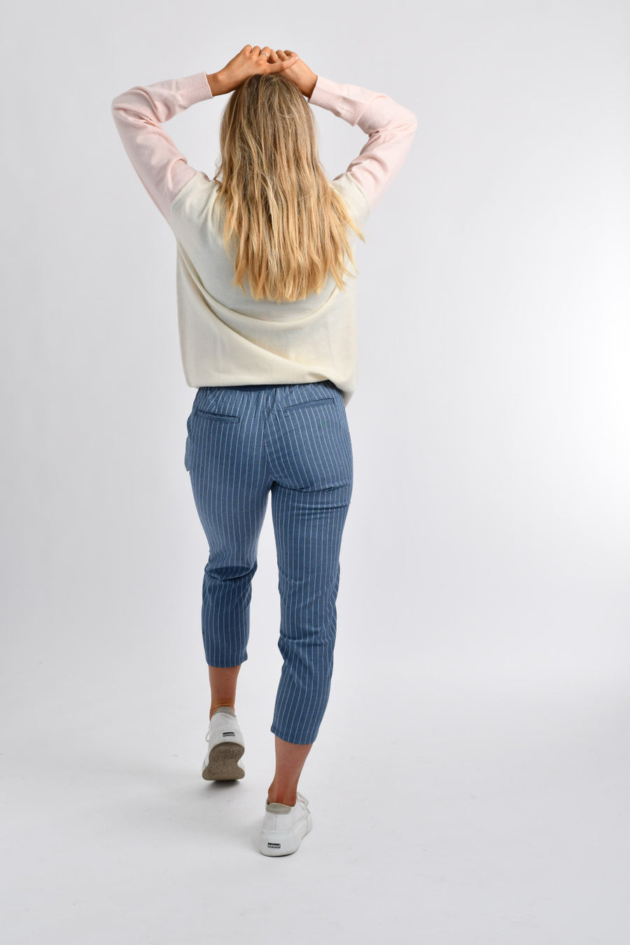 Solid Elastic Waistband Ladies Casual Pants 95 Grey x Chambray Blue x True Navy