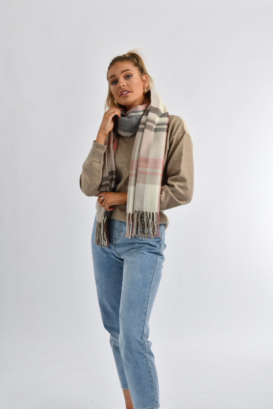 Plain Cotton Scarf 01 Khaki Pink