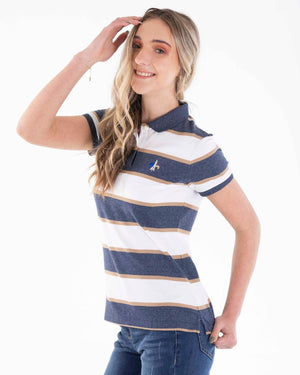 White and Blue Stretchy Slim Fit Ladies Golfer 82 Signature White/ Navy Twist Stripe