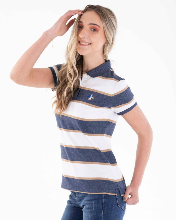 White and Blue Stretchy Slim Fit Ladies Golfer 82 Signature White/ Navy Twist Stripe