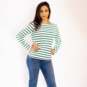 Striped Ladies Knitwear Sweater Green x White