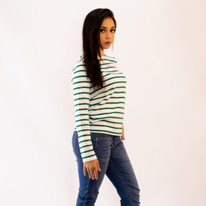 Striped Ladies Knitwear Sweater Green x White