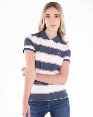 White and Blue Stretchy Slim Fit Ladies Golfer 82 Signature White/ Navy Twist Stripe