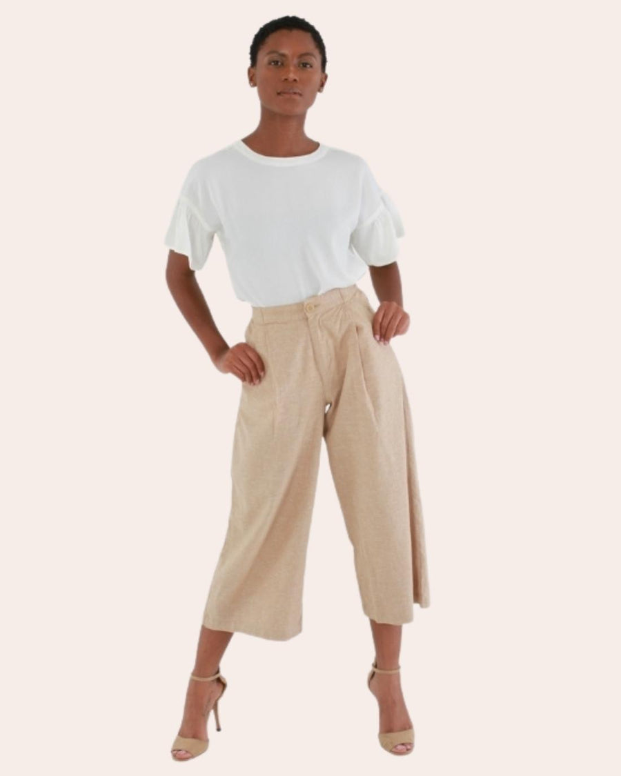 Women's Back Elastic Cotton Linen Wide Pants Khaki/Beige