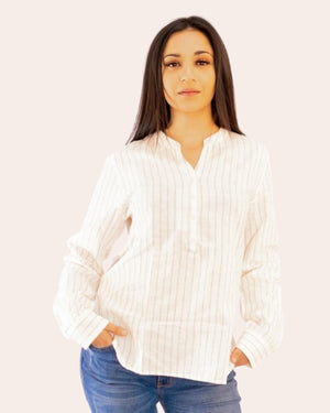 V-Neck Linen Cotton Shirt White x Autumn