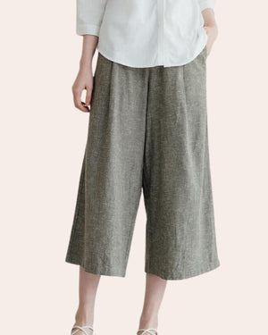 Women's Back Elastic Cotton Linen Wide Pants Thyme Green