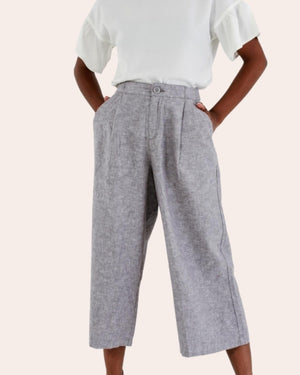 Women's Back Elastic Cotton/Linen Wide Pants Grey