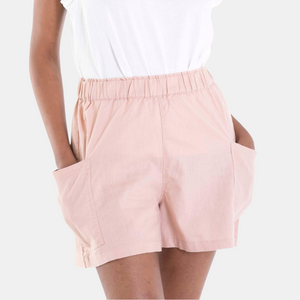 Ladies Elastic Waistband Wide Pocket Linen Shorts 35 Misty Rose Pink