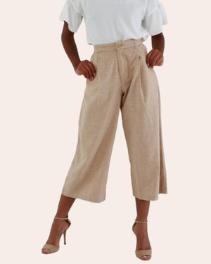 Women's Back Elastic Cotton Linen Wide Pants Khaki/Beige