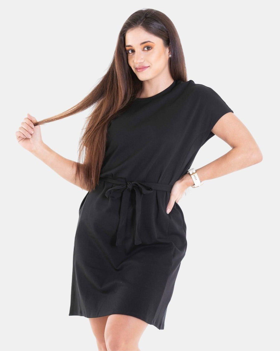 Ladies Cotton Banded-Waist Dress 09 Signature Black