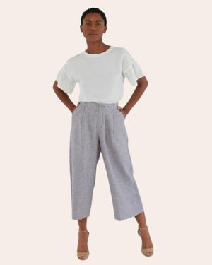 Women's Back Elastic Cotton/Linen Wide Pants Grey