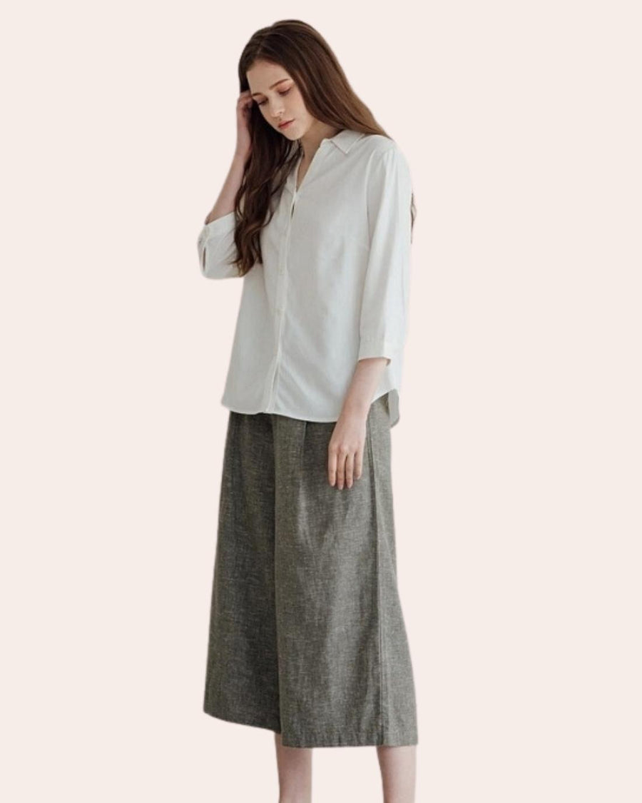 Women's Back Elastic Cotton Linen Wide Pants Thyme Green