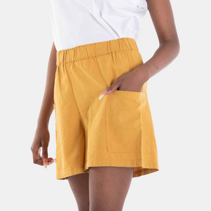 Ladies Elastic Waistband Wide Pocket Linen Shorts 45 Narcissus Yellow