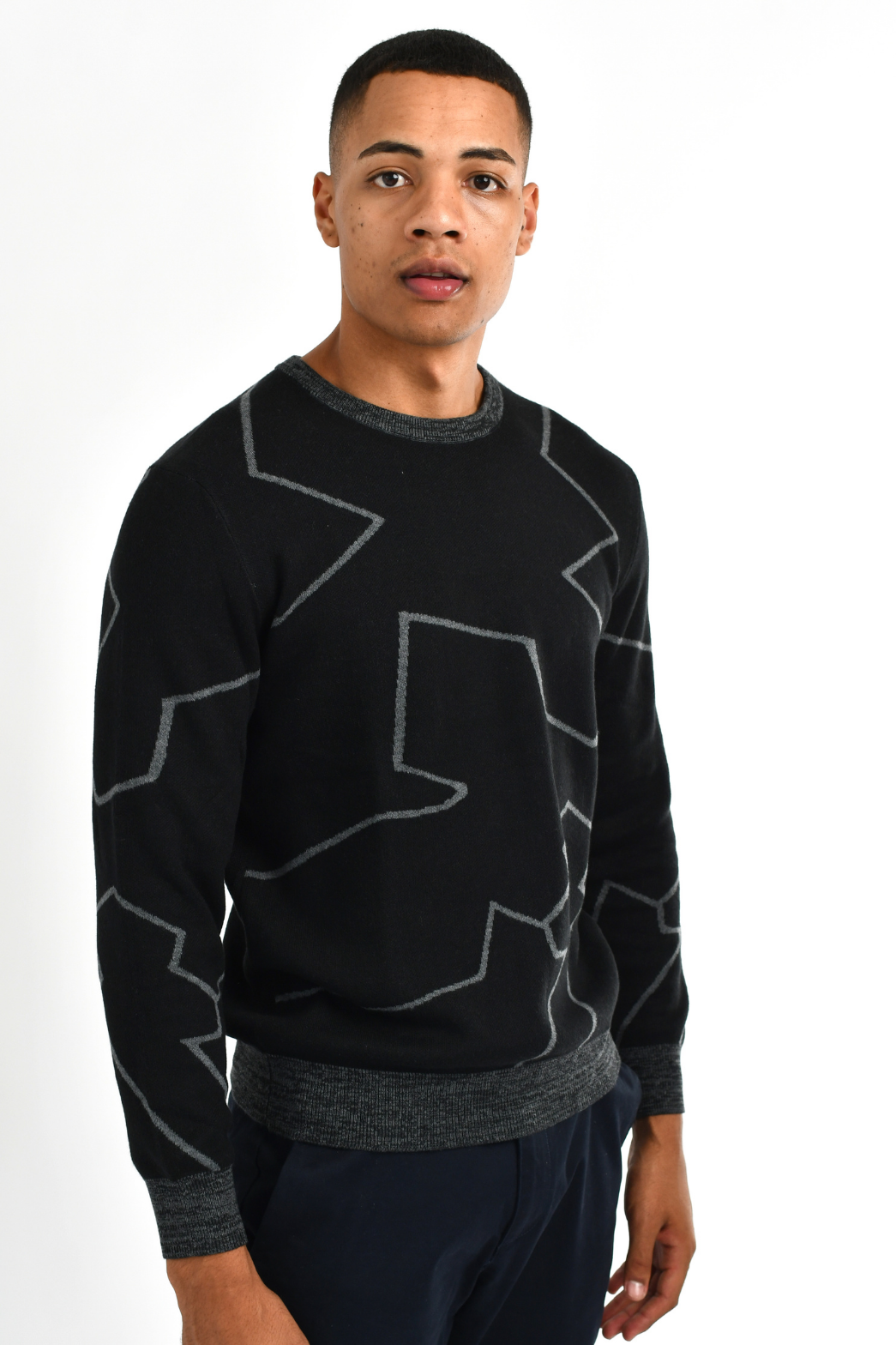 Men s Crew Neck Knit Sweater Signature Black Pattern Giordano South Africa