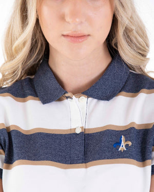 White and Blue Stretchy Slim Fit Ladies Golfer 82 Signature White/ Navy Twist Stripe