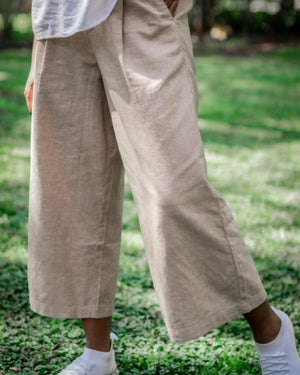 Women's Back Elastic Cotton Linen Wide Pants Khaki/Beige