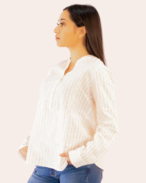 V-Neck Linen Cotton Shirt White x Autumn