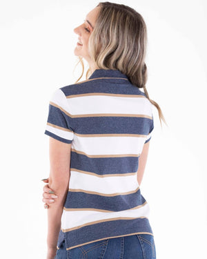 White and Blue Stretchy Slim Fit Ladies Golfer 82 Signature White/ Navy Twist Stripe